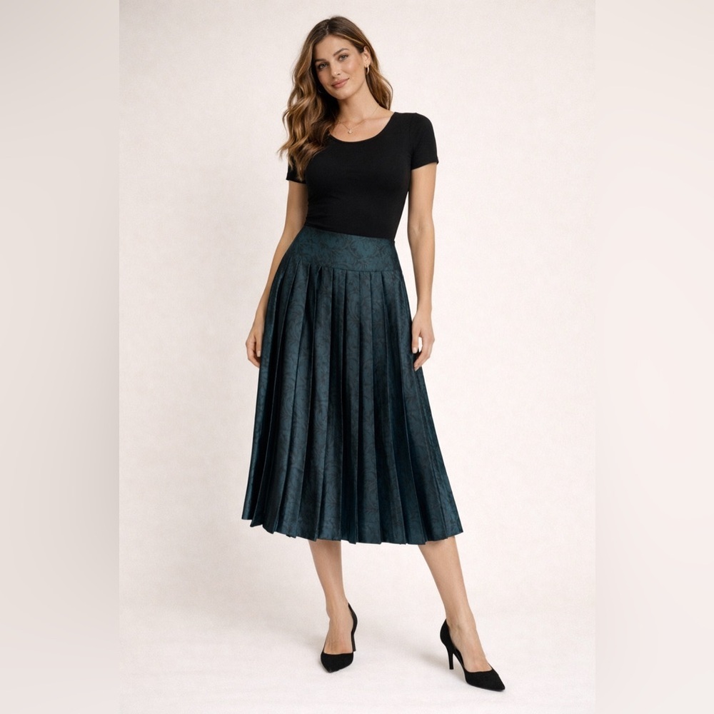 Vintage Jac Dale Teal Black Pleated Midi Skirt Floral Print Satin Drop Waist